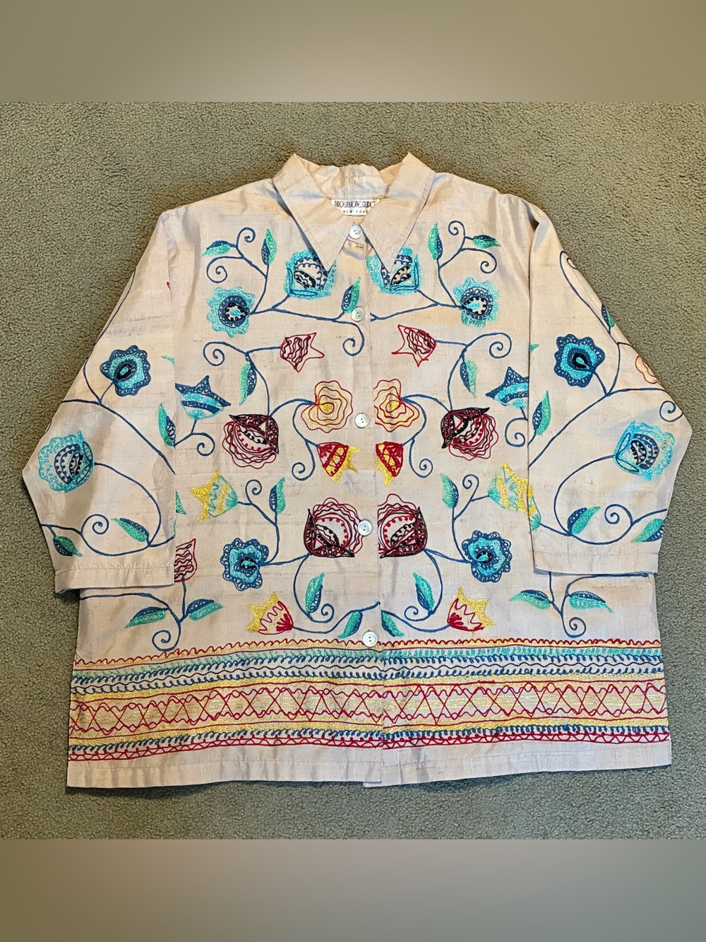 VTG Brownstone Studio Embroidered Top 3X Silk Blend Floral Folk Art Boho Shirt